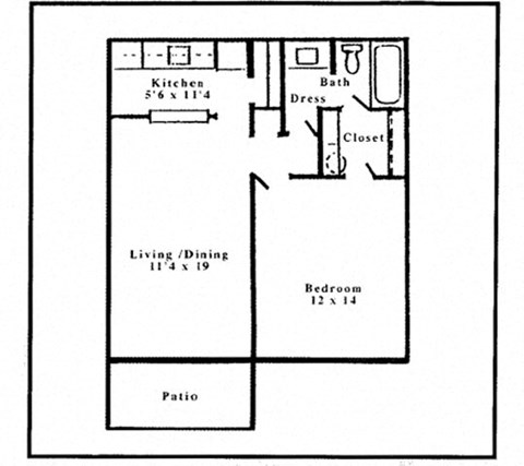 Floor plan for 1 bed, 1 bath, 750 sqft